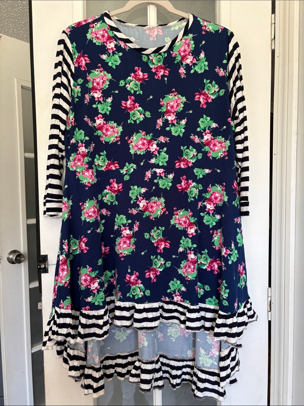 Navy Floral High-Low Tunic with Striped Ruffles